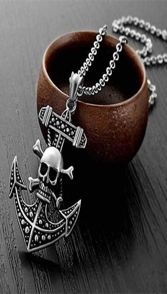 

vintage silver skull head anchor necklace tide brand pirates anchor pendant necklace punk skeleton skull viking men pirate biker n6137273