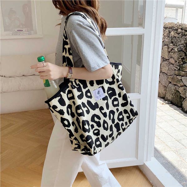 

16291 yangqi rice leopard tote bag large capacity animal pattern canvas shoulder bag portable schoolgirl shopping bag