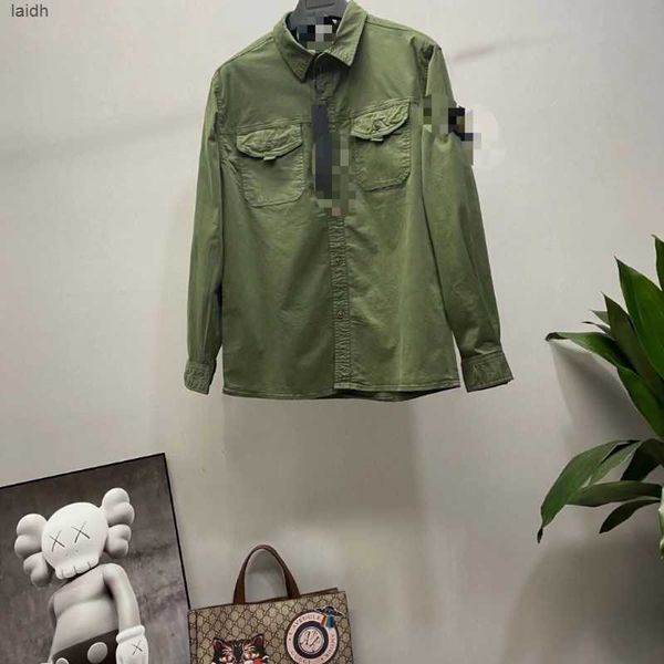 

men's jackets 23ss spring compass badge sleeve patched women men pocket coat streetwear turn down collars windbreaker wash shirt1vfo, Black;brown