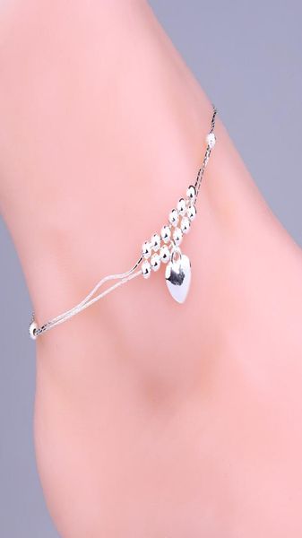 

925 sterling silver anklets jewelry for womens double layer silver heart beads ankle bracelets summer beach foot jewelry body jewe3859075, Golden;silver