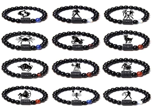 

12 constellation zodiac bracelets signs beads strands couples bracelet natural black onyx stone elastic charm bracelet for women m8302398