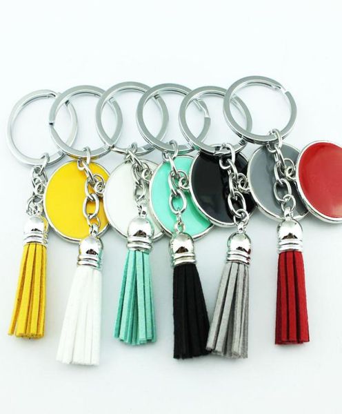 

gold rhodium plated engraved personalized velvet leather tassel keychains for men women monogram blanks enamel round disc key ring1763239, Slivery;golden