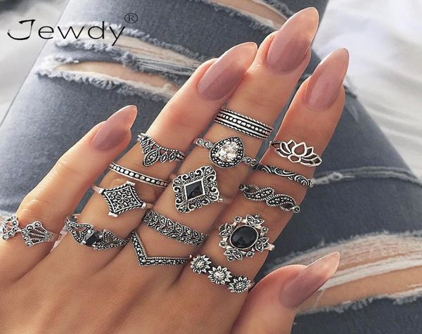 

15 pcsset fashion flower stone midi ring crown star moon vintage crystal opal knuckle rings for women anillos mujer jewellery3475313, Silver