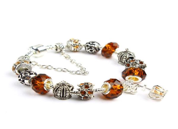 

whole1cm charm bracelet 925 silver bracelets for women royal crown bracelet purple crystal beads diy jewelry christmas gift6528946, Golden;silver