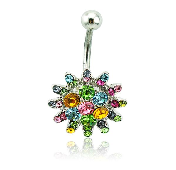 

whole classic belly button rings surgical steel barbell color rhinestone flower navel rings body piercing jewelry6545603, Silver