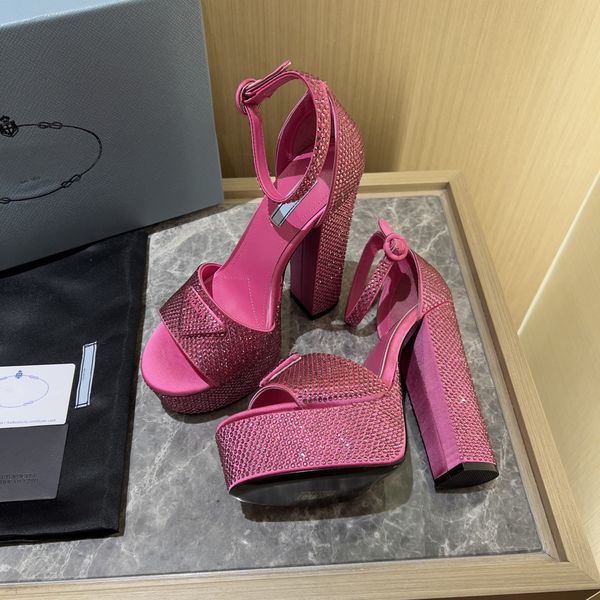 

designer luxury black satin rosa pink crystal runway open toe sandals pumps outsole slide sandals shoes with box heel 14cm
