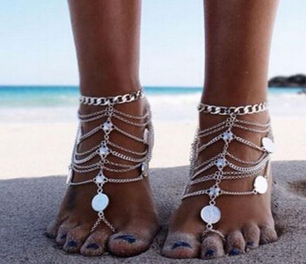 

summer beach anklet gold chain jewelry women adjustable silver coin barefoot sandal foot toe ring2957545, Red;blue