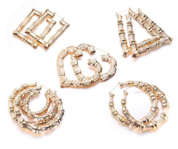 

luxury big earrings heart round shaped ethnic large vintage rose gold plated bamboo hoop earrings 5 styles mixed for women3012318, Golden;silver
