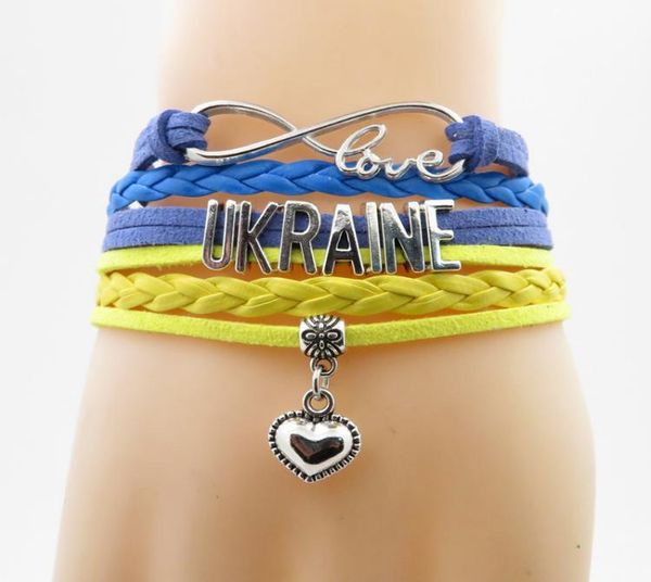 

infinity love ukraine bracelet ukraine country flag bracelet heart charm leather wrap bracelet bangle for woman and man6619568, Golden;silver