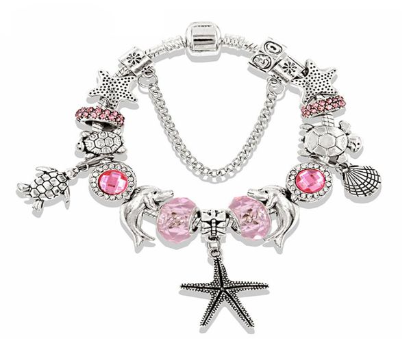 

design charm bracelets vintage silver jewelry for women pink blue ocean series starfish turtle animal diamond crystal beads bangles1462575, Golden;silver