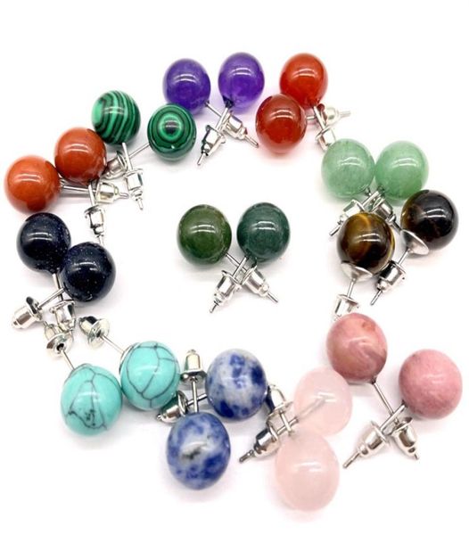 

8mm 10mm 12mm natural stone quartz crystal stud earrings tiger eye round beads simple ear handmade making jewelry for women earrin2528087, Golden;silver