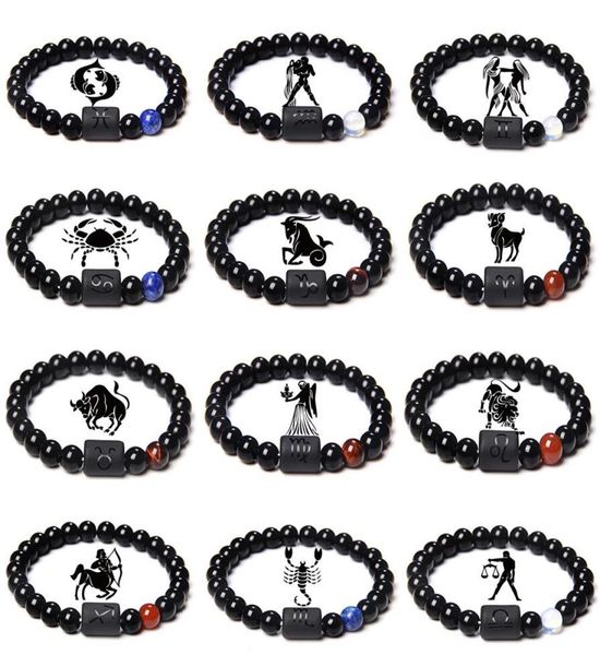 

12 constellation zodiac bracelets signs beads strands couples bracelet natural black onyx stone elastic charm bracelet for women m8734542
