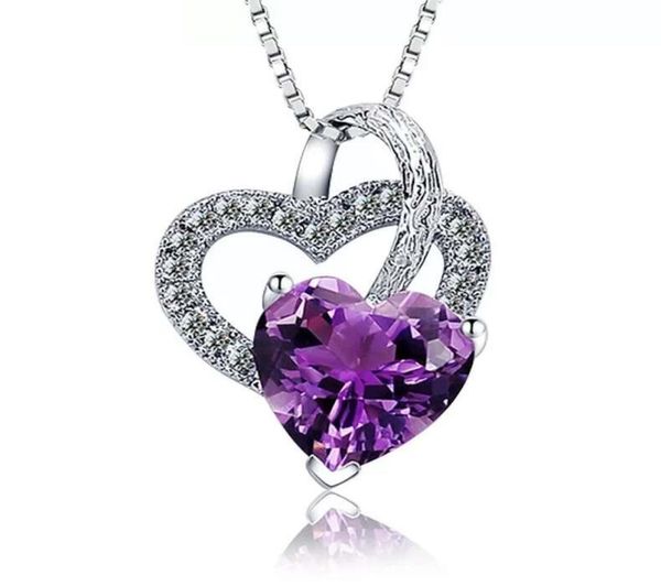 

925 sterling silver items crystal jewelry pendant charm statement necklaces wedding double heart purple ethnic vintage8597289