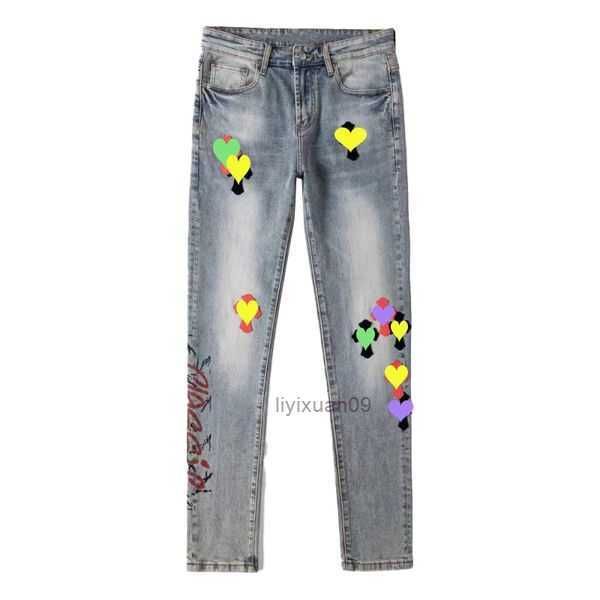 

2023 ch designer jeans for womens mens make old washed pants straight trousers heart letter prints woman man casual long style bottoms 616a, Blue