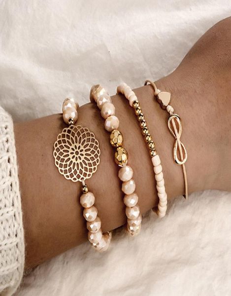 

4 pcsset boho heart orange crystal beadeds strands bracelet set flower chains adjustable bracelet bangle jewelry for women7757667, Black