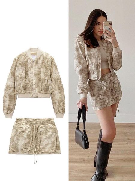 

pants women's bomber jacket set mini skirts short flying coat sets 2023 new vintage long sleeve zipper female outerwear chic coats, White