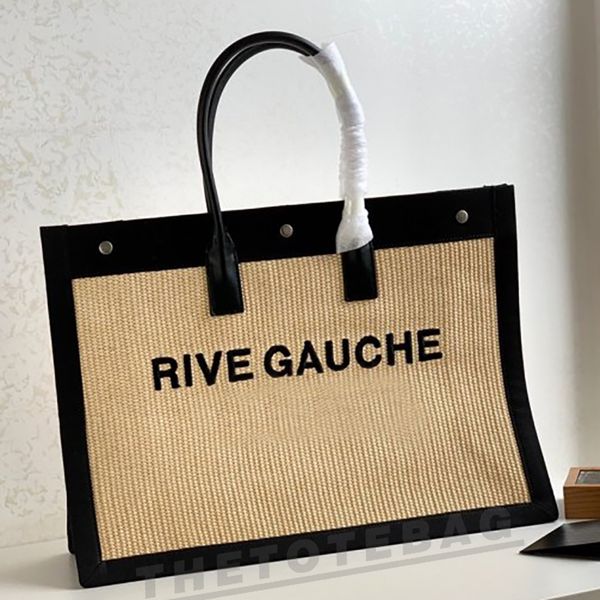 

rive gauche tote beach bag women canvas and weave leather large capacity handbag luxury fashion shopping handbag linen travel satchel wallet