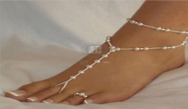 

beach wedding bridal bridesmaid foot jewelry barefoot sandals stretch anklet chain with toe ring ps26246714430, Silver