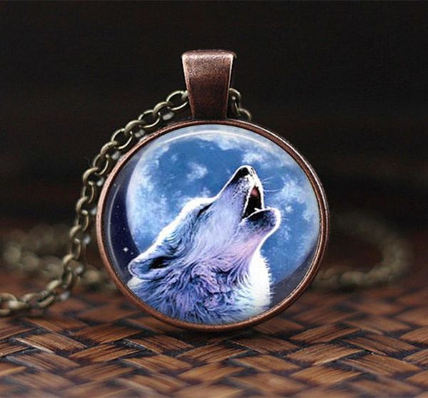 

vintage wolf art picture pendant necklace moon howling wolf time gem glass cabochon statement necklace friendship gift6209102, Silver