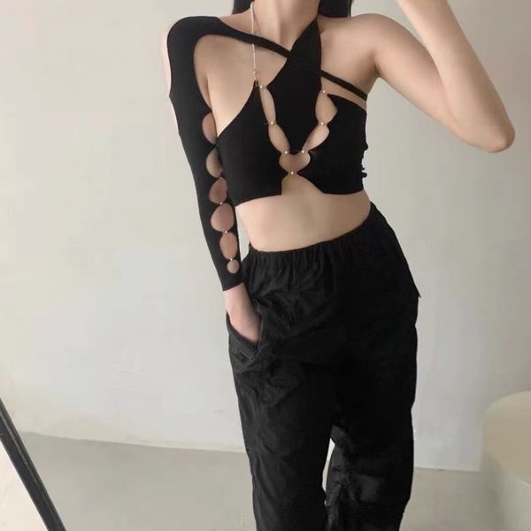 

fashion designer rui women y2k tanks camis handmade pearls beaded hollow out cut up halter tanks, White