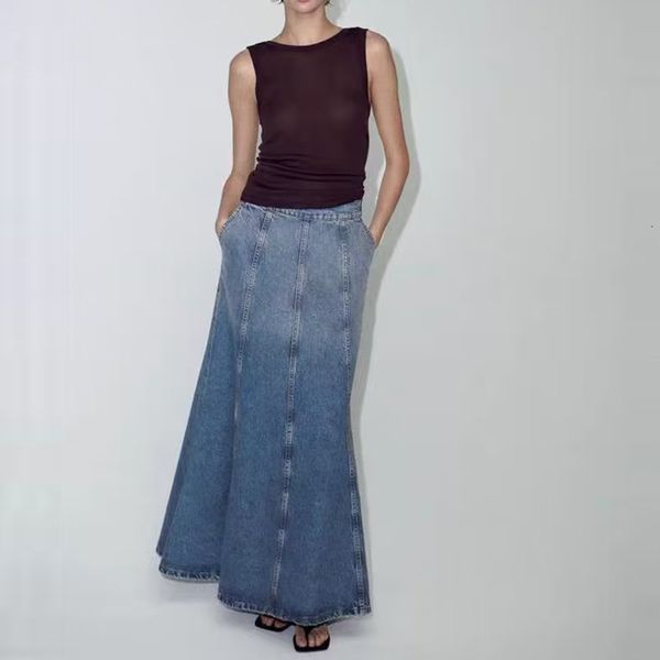 

skirts denim long for women fashion blue jean high waist a line midi skirt woman y2k streetwear summer 230707, Black