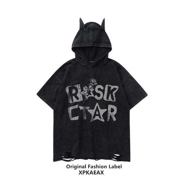 

stussys men's t-shirt trendy brand european and american retro men's and women's hooded perforated t-shirt washed old hiphop, White;black