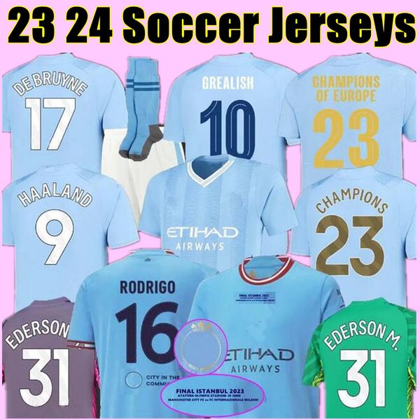 

22 23 24 haaland soccer jerseys final grealish mans cities mahrez fans player version de bruyne foden 2023 2024 football shirt kids kit cham, Black;yellow