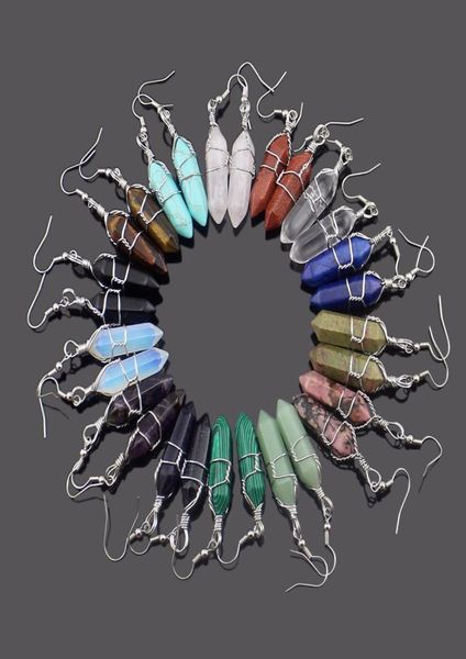 

reiki healing wired wrap natural stone charms earrings bullet pendulum dangle lapis amethysts purple quartz pink crystal earings w8300286, Golden