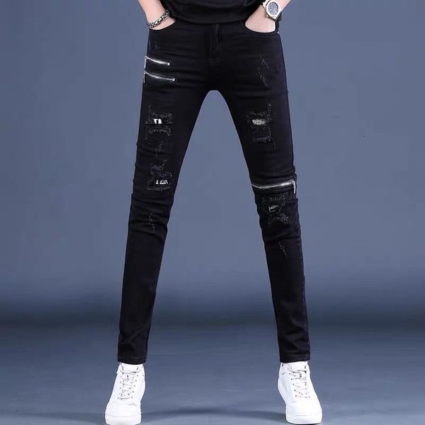 

men's jeans mens slimfit ripped black denim pants zipper decors moto biker stylish street ; 230707, Blue