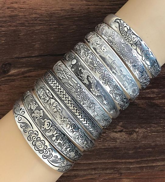 

new retro cuff bracelets tibetan silver metal carving fish elephant flower bangles vintage gypsy jewelry female gifts3363167, Golden;silver