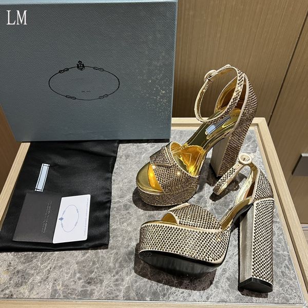 

designer luxury modellerie crystal ankle-strap sandals open toe sandals pumps outsole slide sandals shoes with box heel 14cm, Black