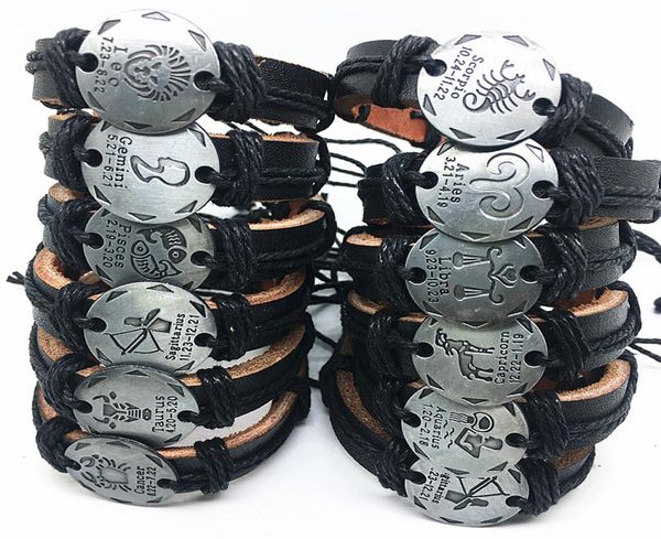 

whole 24pcslot mix 12 constellations handmade cuff leather bracelets for men women bangles wristbands whole drop 1097807, Black