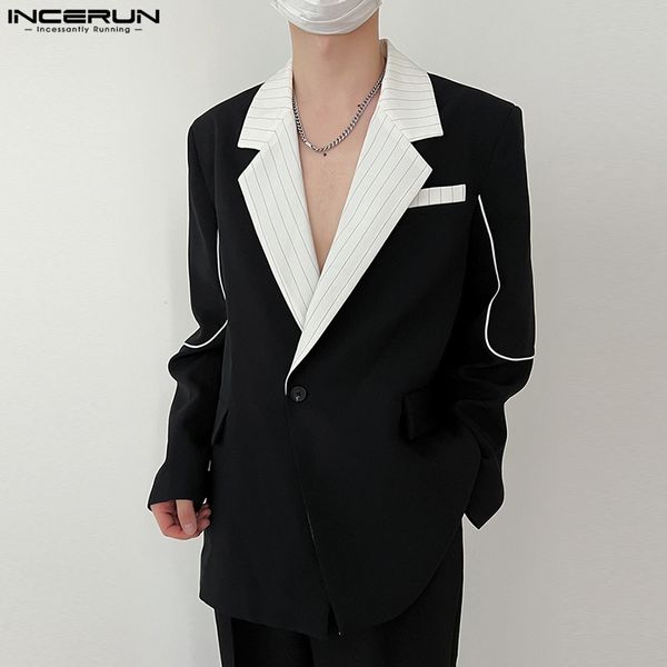 

men's suits blazers incerun men blazer striped patchwork lapel long sleeve streetwear fashion casual 2023 korean one button thin coats, White;black