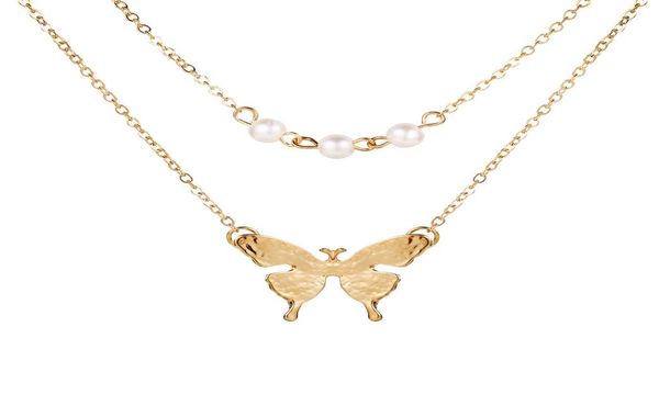 

double layer imitation pearl butterfly pendant necklace retro clavicle chain boho beach summer jewelry for women girls3330780, Silver