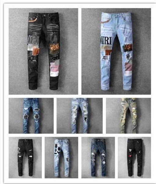 

new tide hole stretch elastic slim feet pants embroidered collage jeans fashion brand mens trousers5451099, Blue