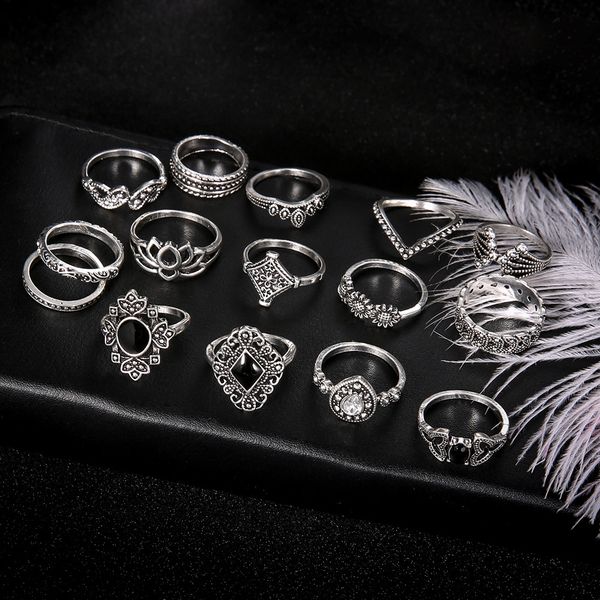 

one pack of 15 cross-border source bohemian vintage lotus female new personality 15 piece set ring wholesale, Golden;silver