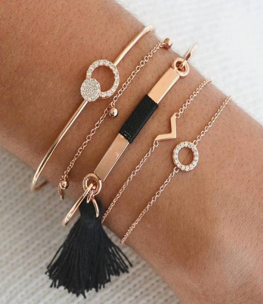 

new jewelry simple open adjustable full diamond circle bangle fashion vshaped black tassel bracelet 5 piece set4970664