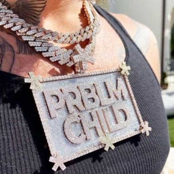 

custom hip hop jewelry rectangle pendant necklace moissanite iced out men letter charms cz bling pendant, Silver