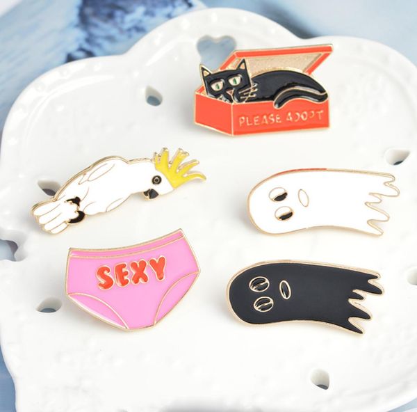 

ghost white black quotsexyquot shorts parrot quotplease adoptquot cat in a box personality decorations brooches lapels bad3840015, Gray