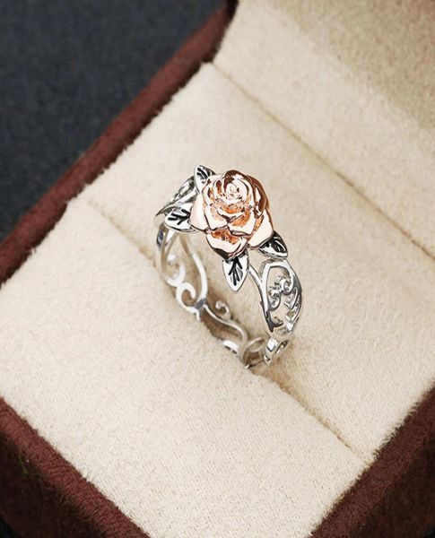 

selling solid 14k rosegold flower jewelry 925 sterling silver floral ring womens two tone romantic rose wedding engagement rin9811589