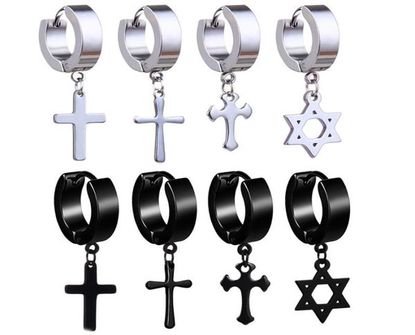 

cross pentacle hoop earrings stainless steel pierced ear rings dangle chandelier fashion jewelry for men women will and sandy3453311, Silver