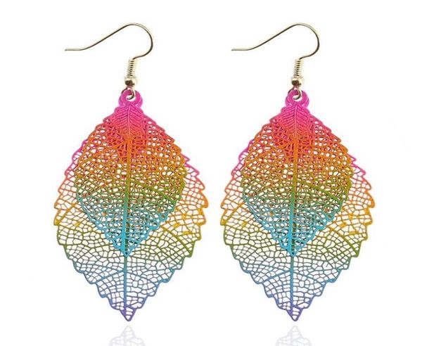 

fashion luxury boho double color leaf dangle earrings big pink rainbow leaves long tassels drop earring for women jewelry2826152, Silver