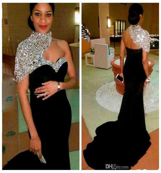 

2020 bling bling elegant black long mermaid evening dresses high neck crystal beaded short sleeves women crystal beaded formal pro5734507, Black;red