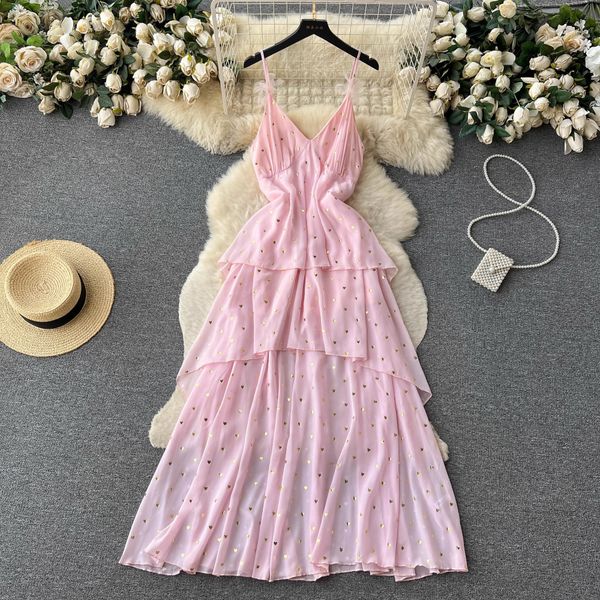 

beach resort style gold stamped print strap dress summer waist wrap style super immortal open back chiffon beach skirt, Black;gray