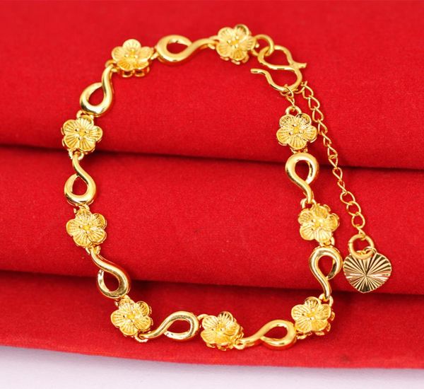 

women yellow gold bracelets for girls real 24k gold plated flower bracelets jewelry fashion trendy design heart charms chain brace5381731, Golden;silver