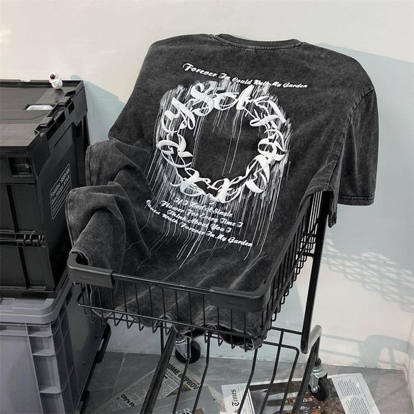 

men's tracksuits european and american retro high street old design washed shortsleeved tshirt men women oversize summer couple 230707, Gray