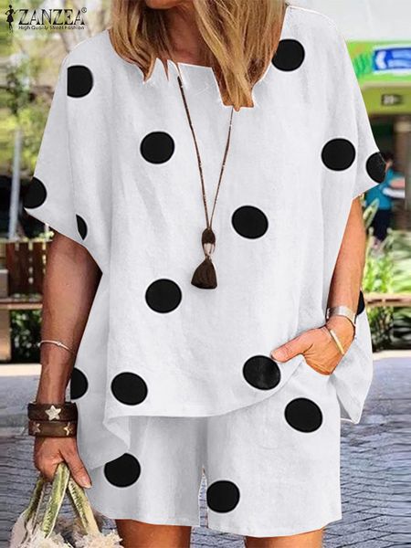 

women's two piece pants zanzea summer women matching sets o-neck half sleeve polka dots printed blouse fashion casual holiday elastic p, White
