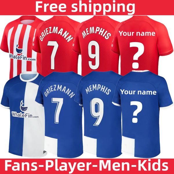 

23/24 griezmann fans player version mens kids football kits sets atletico madrids home away third away football shirts memphis correa, Black;yellow
