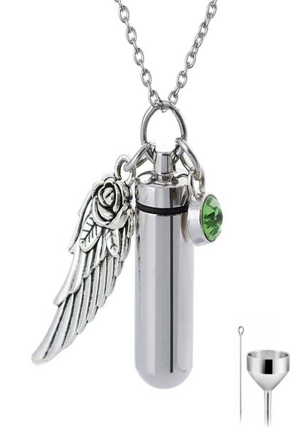

angel wing memorial urn necklace cylinder cremation keepsake pendant birthstone crystal stainless steel for funeral ash locket9639637, Silver
