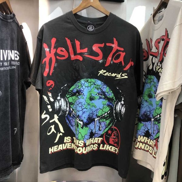 

men's t-shirts vintage hellstar studios tshirts washed ghost face earphone earth print short sleeve hiphop street oversize t-shirt men, White;black